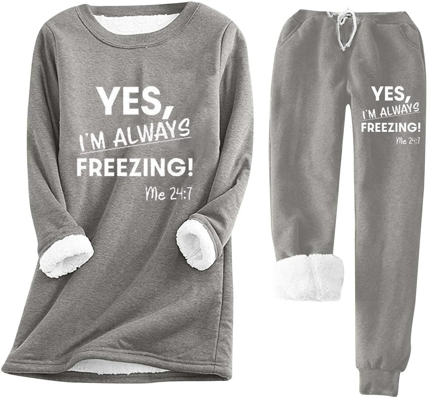 2 Piece Lounge Set Women Funny Letter Print Fleece Crewneck Sweatshirt Sherpa Lined Jogger Soft Warm Sweatpant 2024