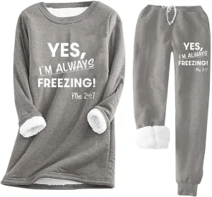 2 Piece Lounge Set Women Funny Letter Print Fleece Crewneck Sweatshirt Sherpa Lined Jogger Soft Warm Sweatpant 2024