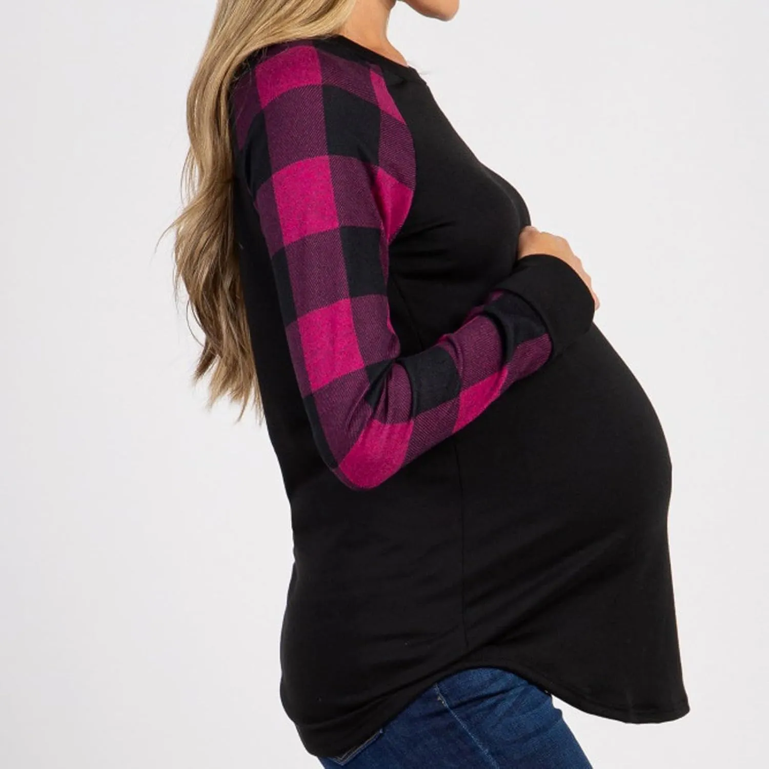 2024 Maternity Shirts for Women Patchwork Long Sleeve Pregnancy Tops Scoop Neck Loose Fit Fall Comfy Blouse Tees
