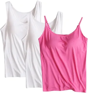3 Pack Women Modal Camisole Tank Tops with Built in Bra Summer Soft Comfy Sleeveless Scoop Neck Workout Undershirts