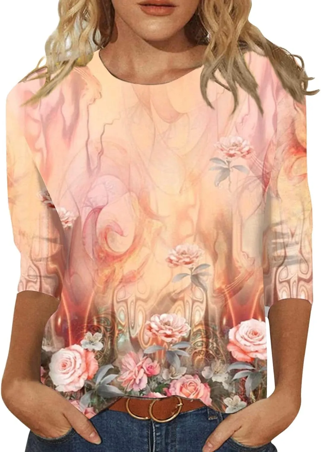 3/4 Length Sleeve Shirts for Women 2025 Casual Summer Blouses Crewneck Floral Printed Cute Loose Fit Tops