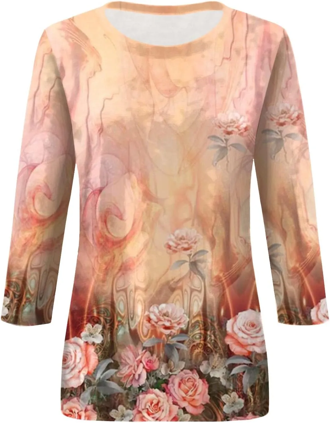 3/4 Length Sleeve Shirts for Women 2025 Casual Summer Blouses Crewneck Floral Printed Cute Loose Fit Tops