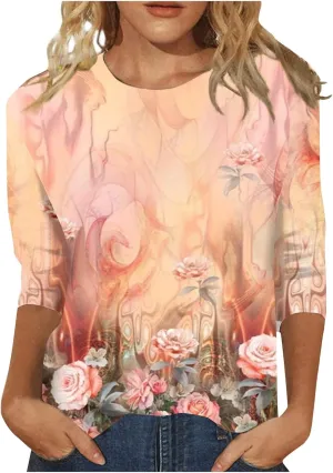 3/4 Length Sleeve Shirts for Women 2025 Casual Summer Blouses Crewneck Floral Printed Cute Loose Fit Tops
