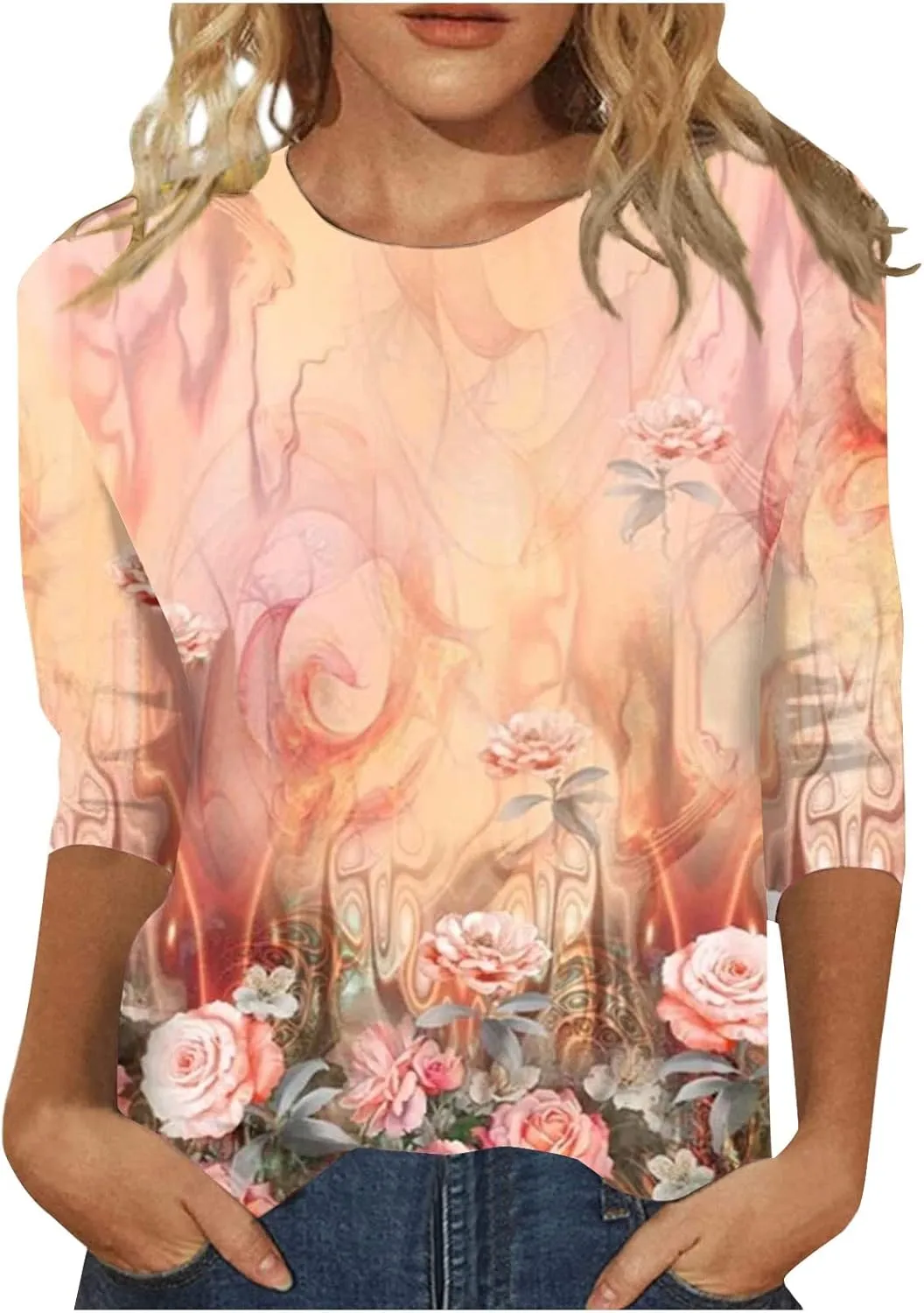 3/4 Length Sleeve Shirts for Women 2025 Casual Summer Blouses Crewneck Floral Printed Cute Loose Fit Tops