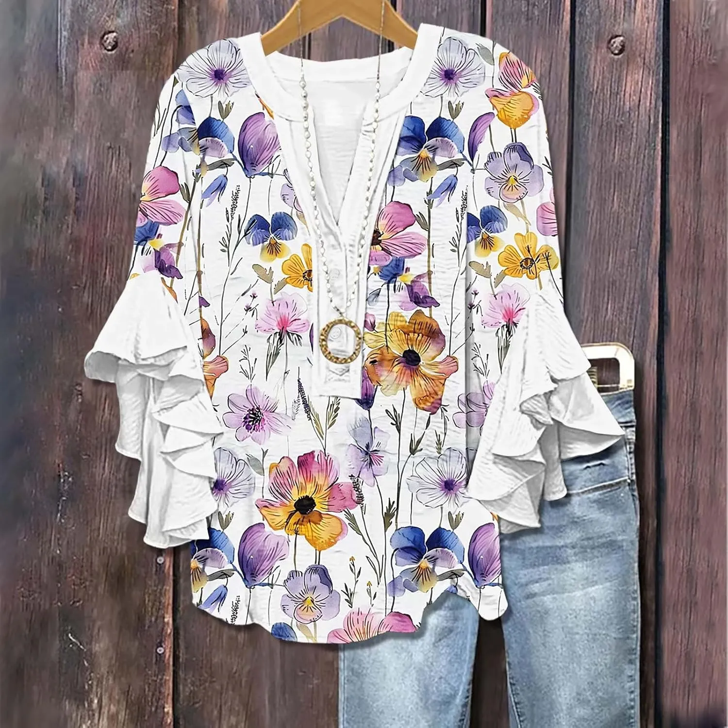 3/4 Length Sleeve Womens Tops Casual V Neck Button Down Shirts Floral Print Flowy Boho Tops 2025 Summer Blouses