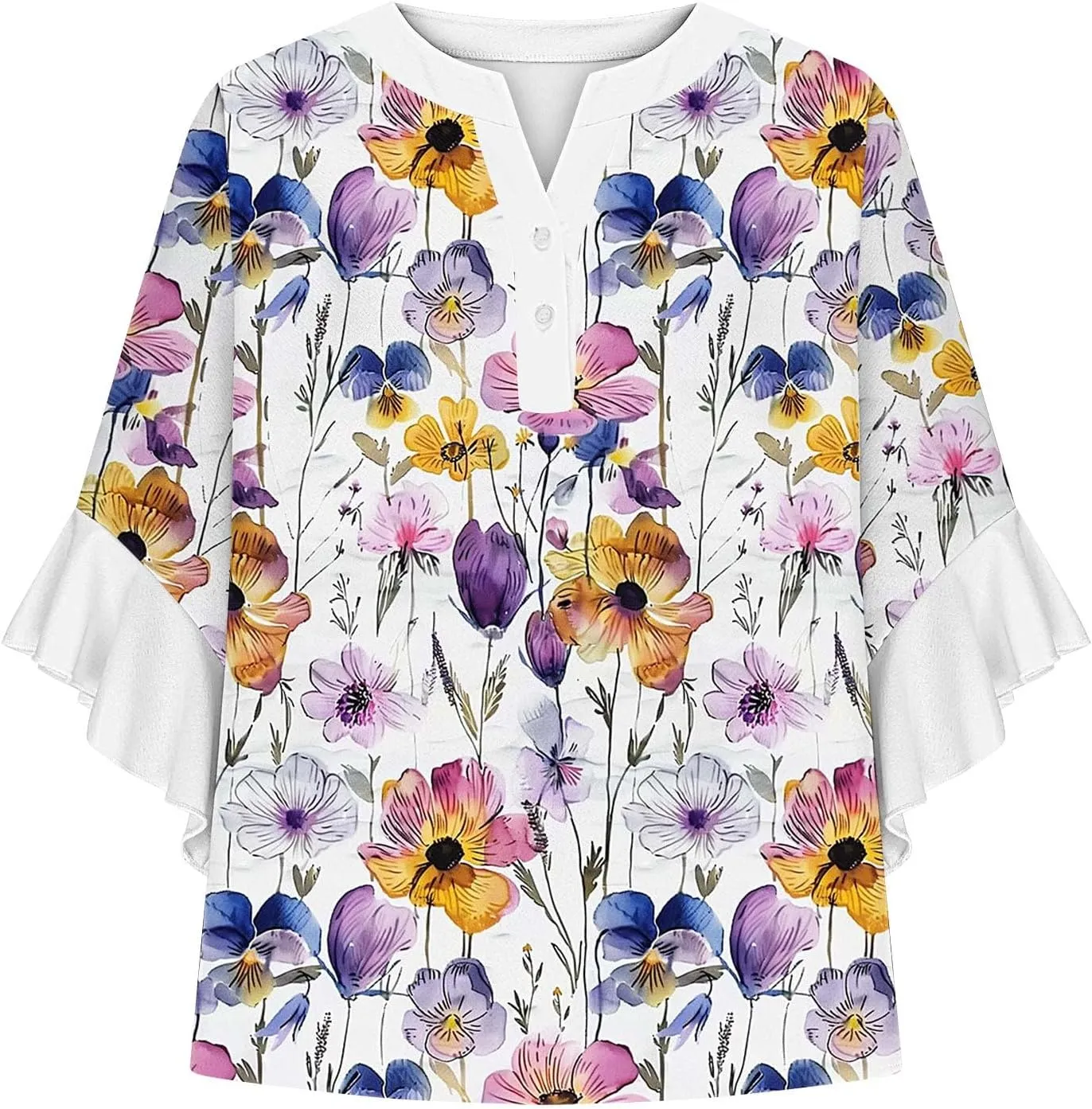 3/4 Length Sleeve Womens Tops Casual V Neck Button Down Shirts Floral Print Flowy Boho Tops 2025 Summer Blouses
