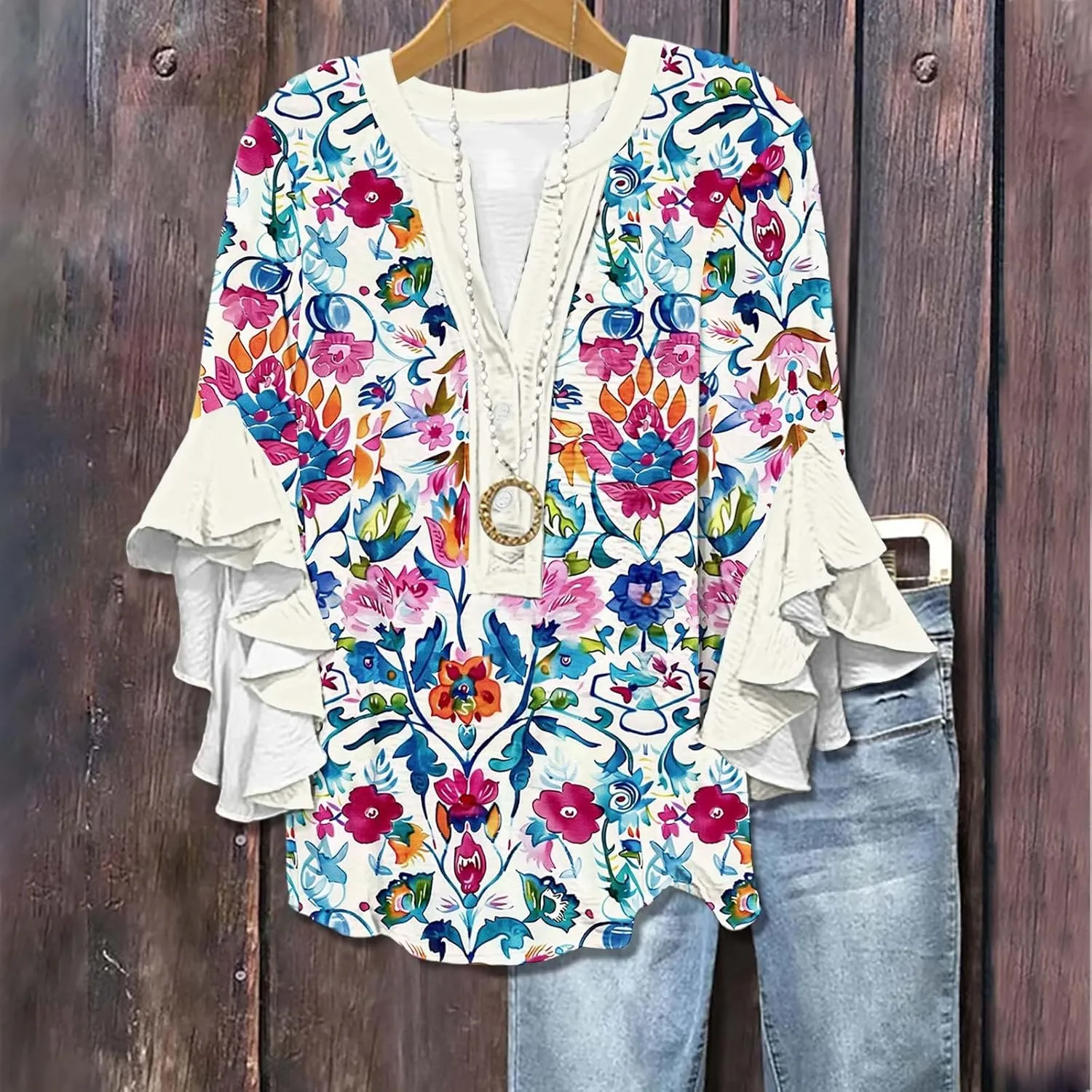 3/4 Length Sleeve Womens Tops Casual V Neck Button Down Shirts Floral Print Flowy Boho Tops 2025 Summer Blouses
