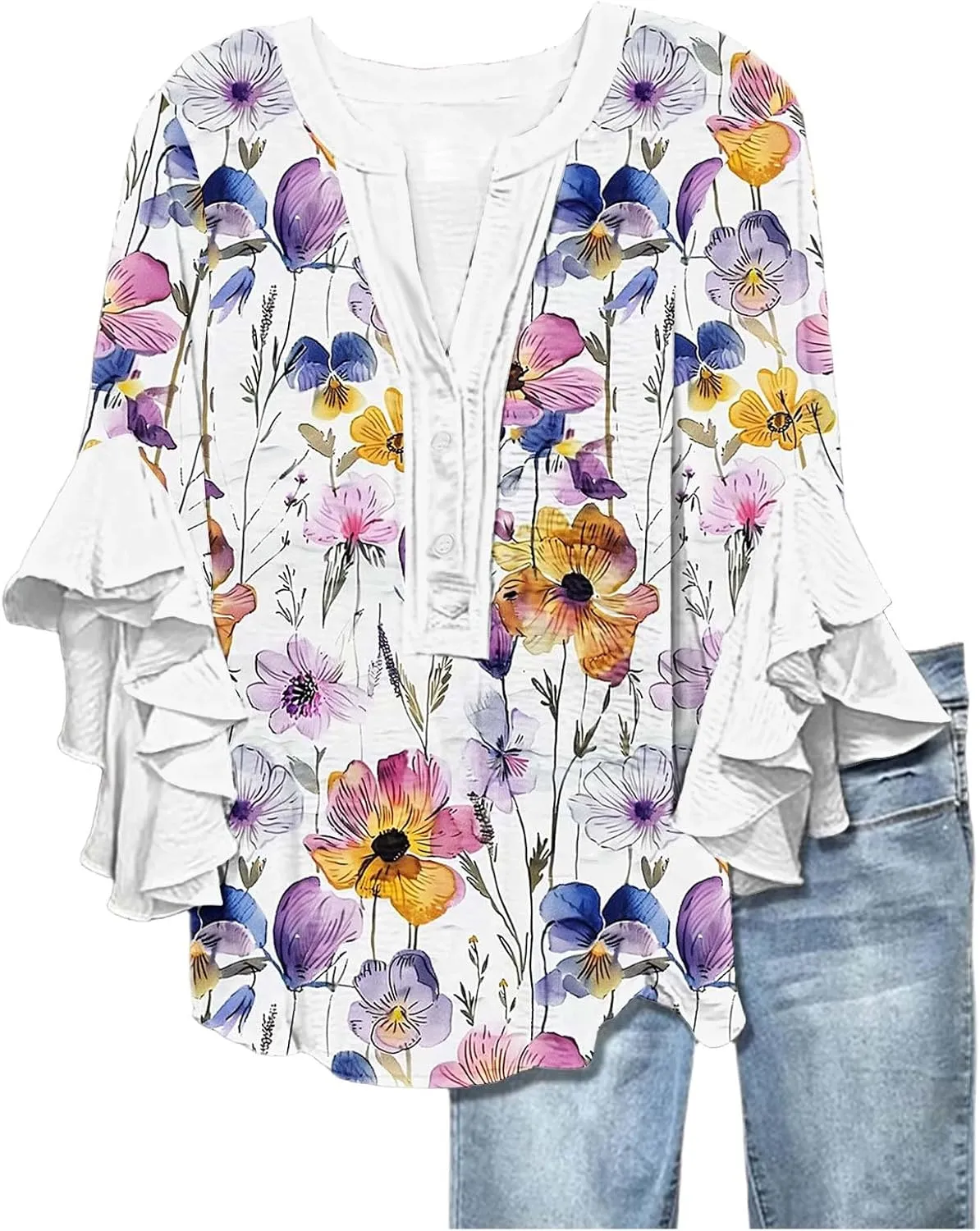 3/4 Length Sleeve Womens Tops Casual V Neck Button Down Shirts Floral Print Flowy Boho Tops 2025 Summer Blouses
