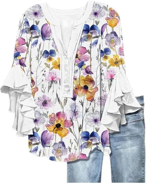 3/4 Length Sleeve Womens Tops Casual V Neck Button Down Shirts Floral Print Flowy Boho Tops 2025 Summer Blouses
