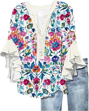 3/4 Length Sleeve Womens Tops Casual V Neck Button Down Shirts Floral Print Flowy Boho Tops 2025 Summer Blouses