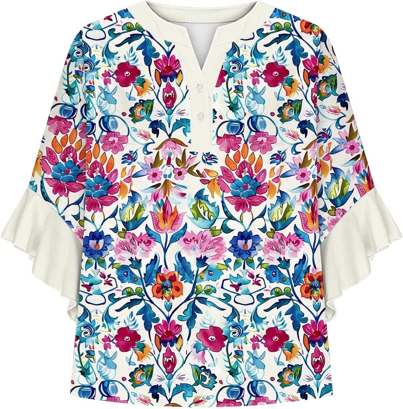 3/4 Length Sleeve Womens Tops Casual V Neck Button Down Shirts Floral Print Flowy Boho Tops 2025 Summer Blouses