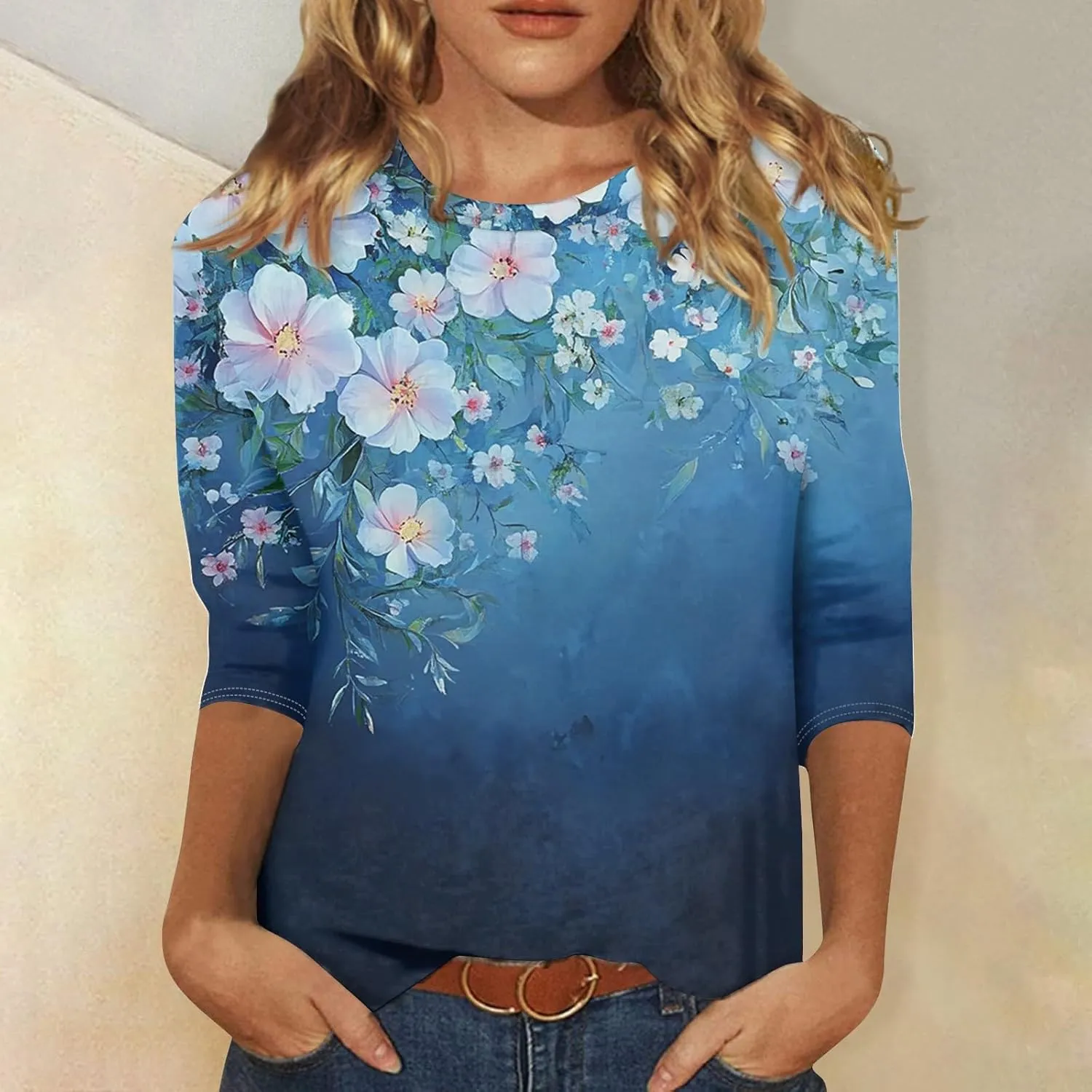 3/4 Length Sleeve Womens Tops Women's Casual Round Neck Tunic Tops Basic Tees Blouses Loose Fit Business Work Tee 2025 Summer