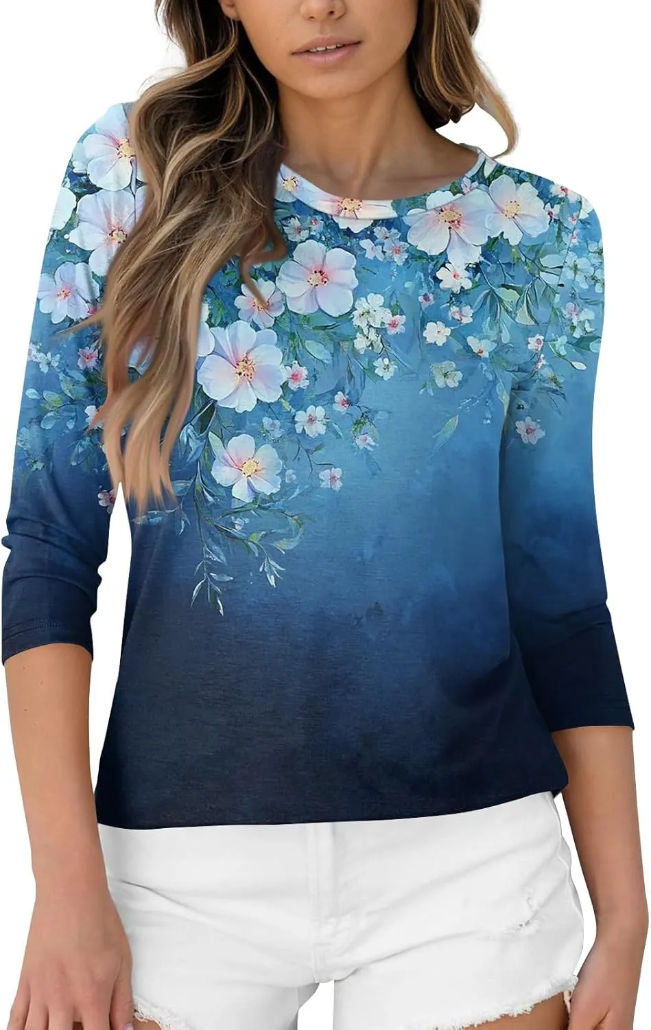 3/4 Length Sleeve Womens Tops Women's Casual Round Neck Tunic Tops Basic Tees Blouses Loose Fit Business Work Tee 2025 Summer