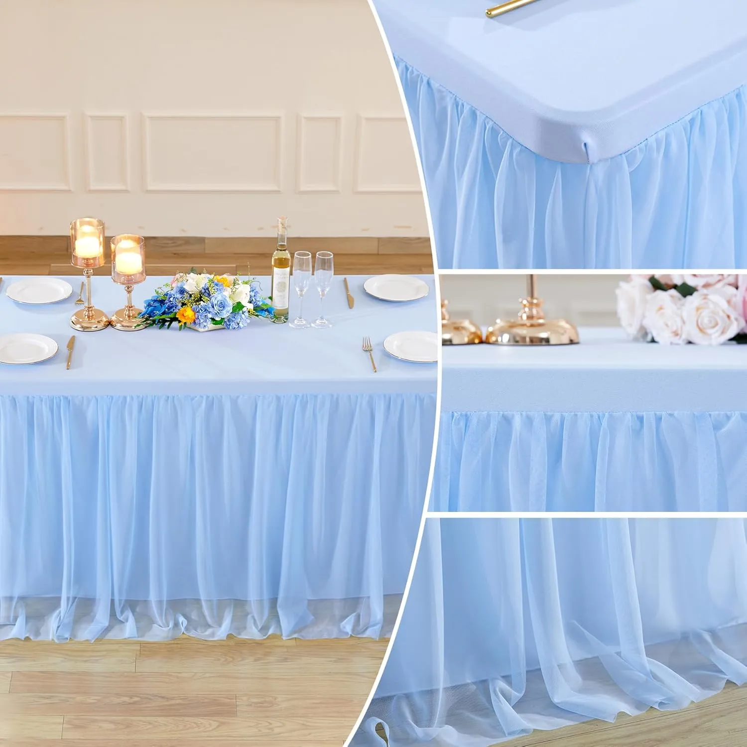 6ft Baby Blue Tulle Tablecloths for Rectangle Tables, 72 x 30 Inch Rectangular Table Cloth, Wrinkle Free Table Cover with Tutu Skirt for Baby Shower Boy Birthday Party Banquet Buffet Cake Decor