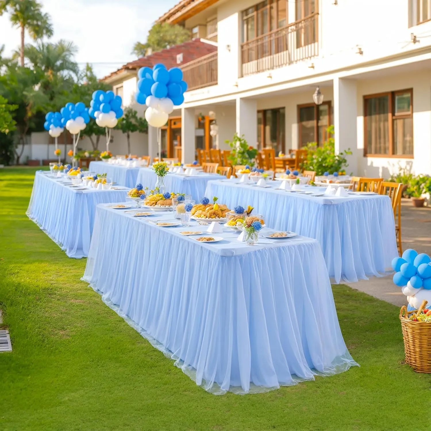 6ft Baby Blue Tulle Tablecloths for Rectangle Tables, 72 x 30 Inch Rectangular Table Cloth, Wrinkle Free Table Cover with Tutu Skirt for Baby Shower Boy Birthday Party Banquet Buffet Cake Decor