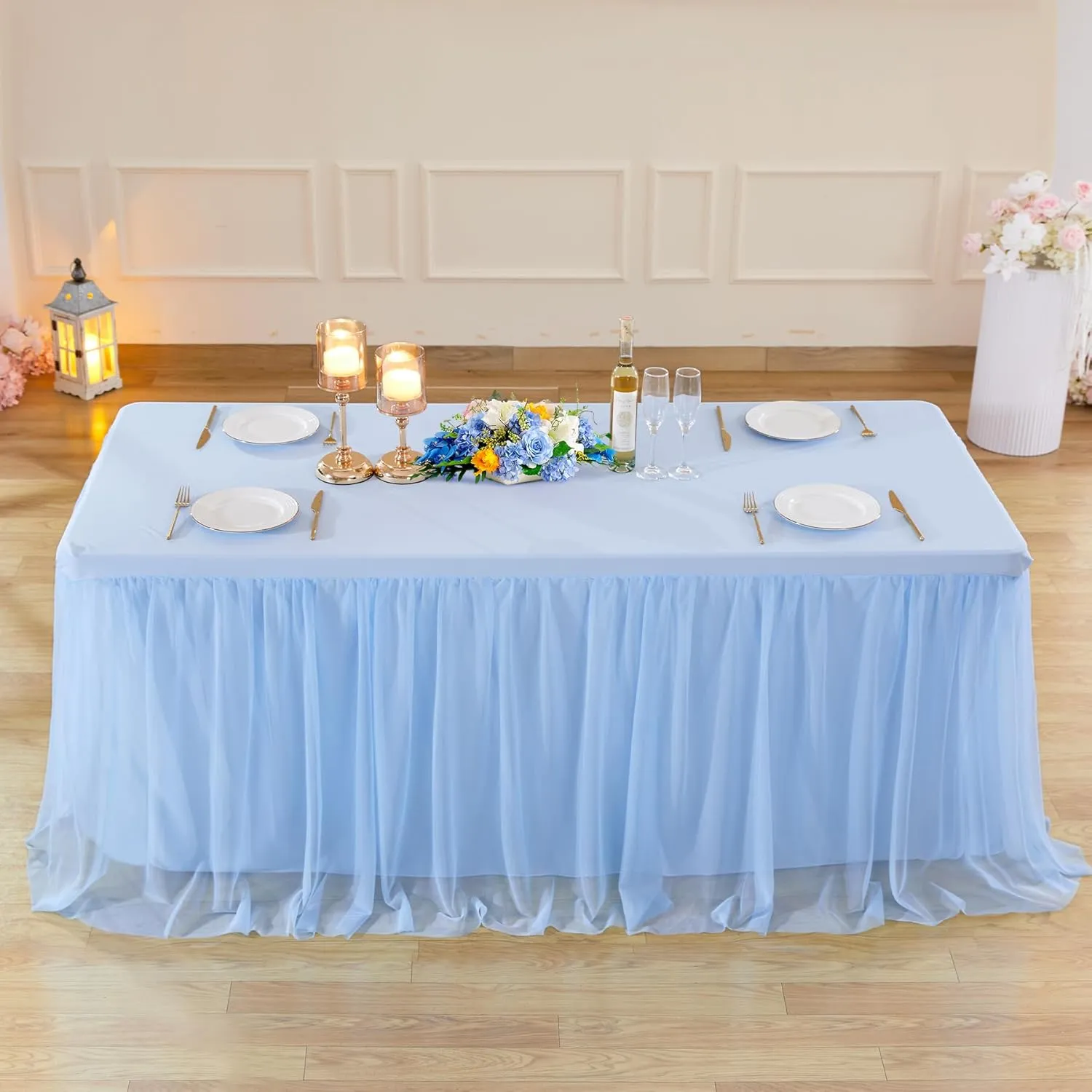 6ft Baby Blue Tulle Tablecloths for Rectangle Tables, 72 x 30 Inch Rectangular Table Cloth, Wrinkle Free Table Cover with Tutu Skirt for Baby Shower Boy Birthday Party Banquet Buffet Cake Decor