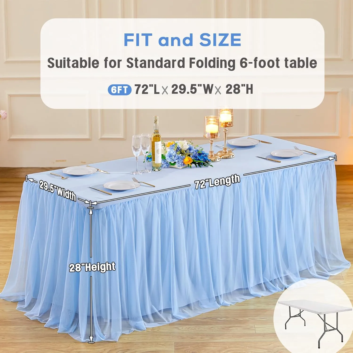 6ft Baby Blue Tulle Tablecloths for Rectangle Tables, 72 x 30 Inch Rectangular Table Cloth, Wrinkle Free Table Cover with Tutu Skirt for Baby Shower Boy Birthday Party Banquet Buffet Cake Decor