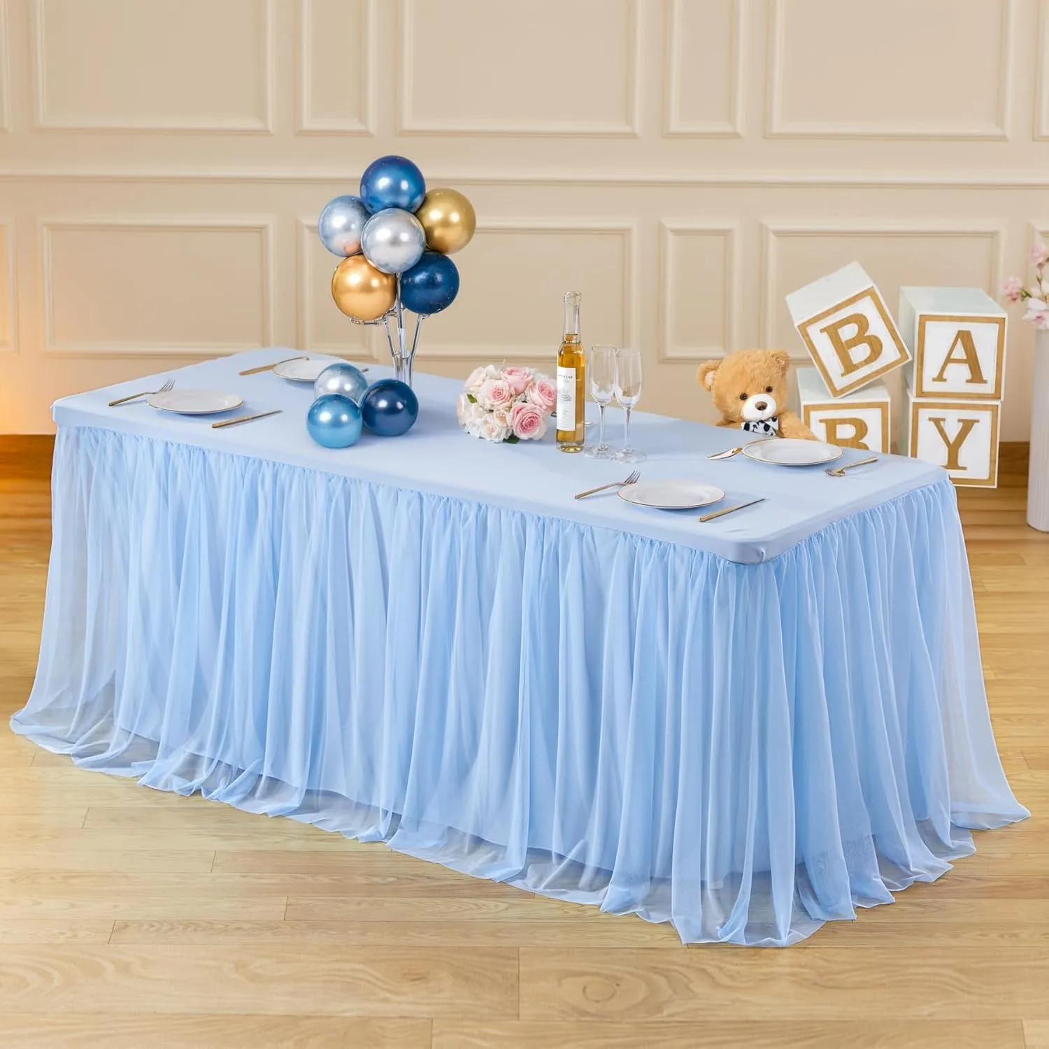 6ft Baby Blue Tulle Tablecloths for Rectangle Tables, 72 x 30 Inch Rectangular Table Cloth, Wrinkle Free Table Cover with Tutu Skirt for Baby Shower Boy Birthday Party Banquet Buffet Cake Decor