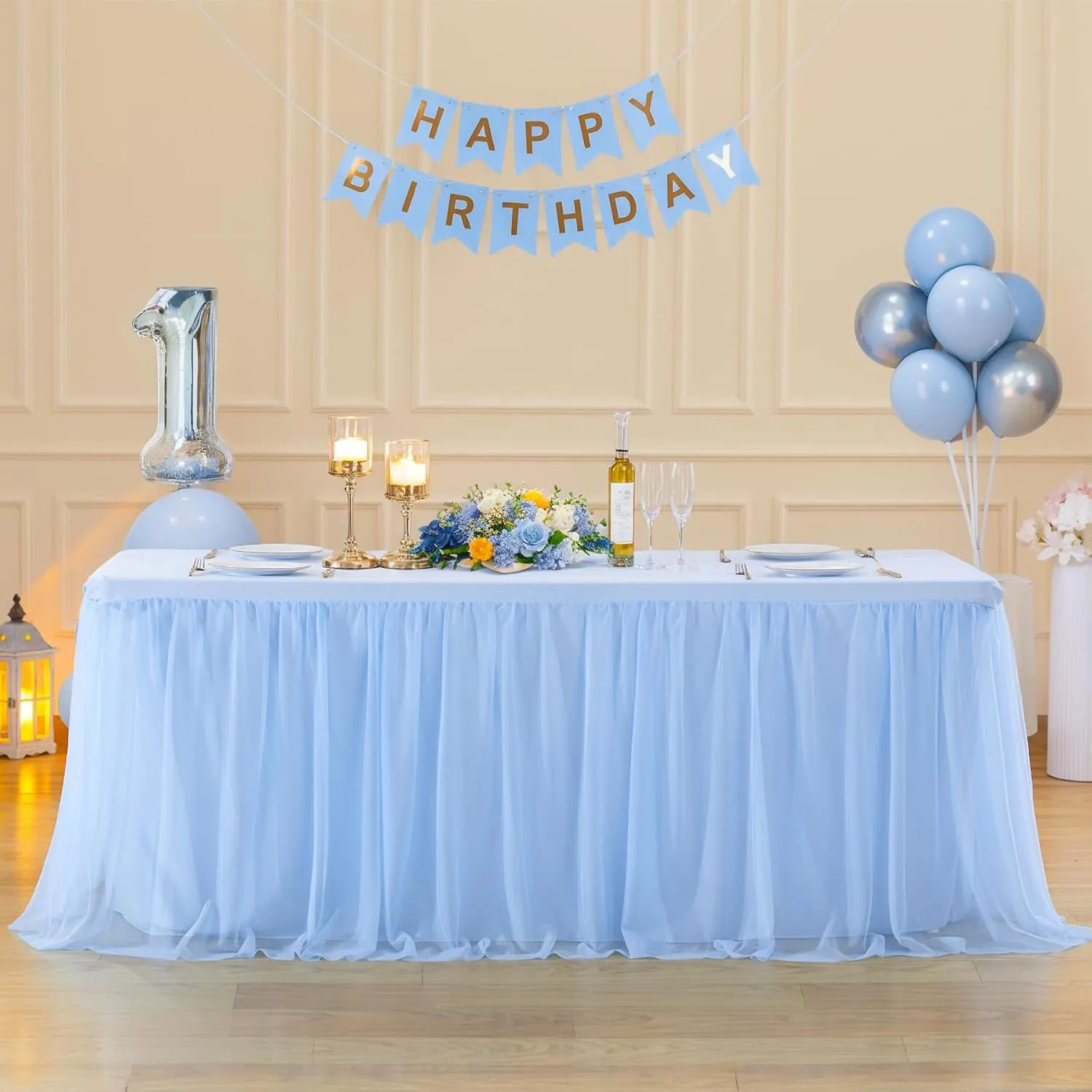 6ft Baby Blue Tulle Tablecloths for Rectangle Tables, 72 x 30 Inch Rectangular Table Cloth, Wrinkle Free Table Cover with Tutu Skirt for Baby Shower Boy Birthday Party Banquet Buffet Cake Decor
