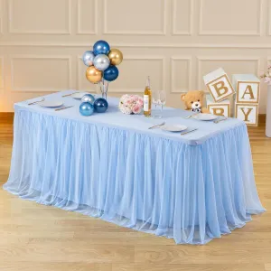 6ft Baby Blue Tulle Tablecloths for Rectangle Tables, 72 x 30 Inch Rectangular Table Cloth, Wrinkle Free Table Cover with Tutu Skirt for Baby Shower Boy Birthday Party Banquet Buffet Cake Decor