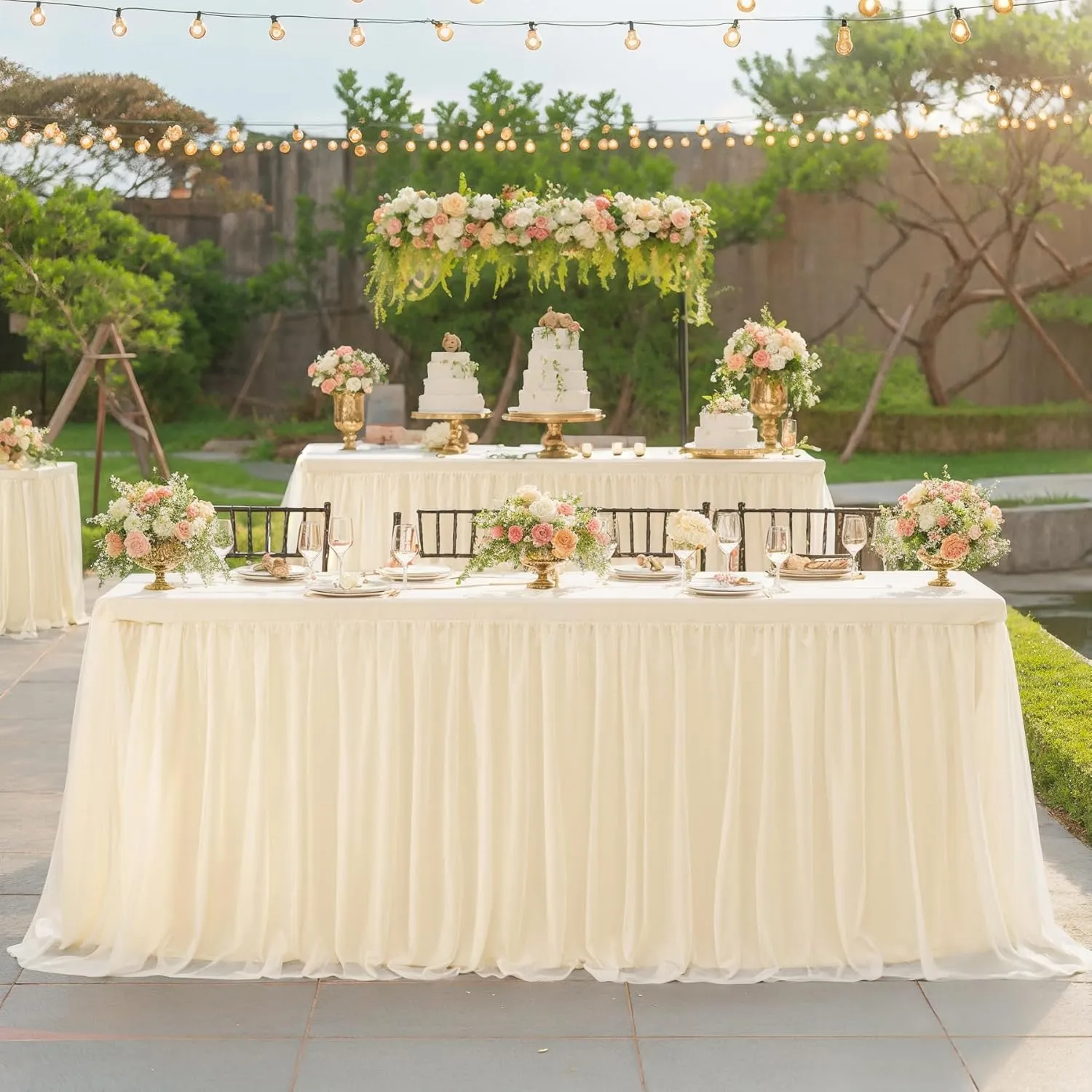 6ft Champagne Tulle Tablecloths for Rectangle Tables, 72 x 30 Inch Rectangular Table Cloth, Wrinkle Free Table Cover with Tutu Skirt for Wedding Birthday Party Banquet Buffet Cake Desk Decorations