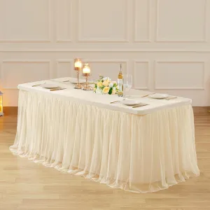 6ft Champagne Tulle Tablecloths for Rectangle Tables, 72 x 30 Inch Rectangular Table Cloth, Wrinkle Free Table Cover with Tutu Skirt for Wedding Birthday Party Banquet Buffet Cake Desk Decorations