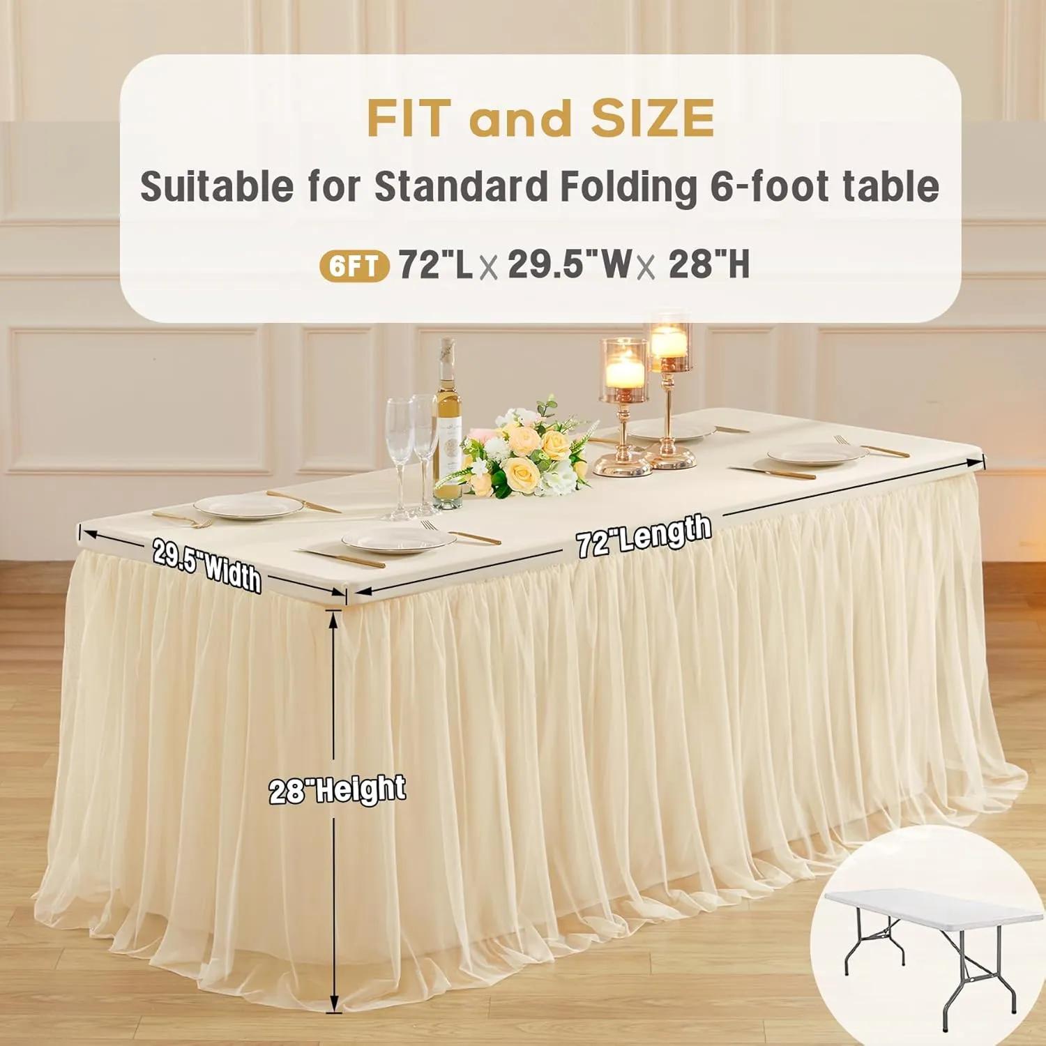 6ft Champagne Tulle Tablecloths for Rectangle Tables, 72 x 30 Inch Rectangular Table Cloth, Wrinkle Free Table Cover with Tutu Skirt for Wedding Birthday Party Banquet Buffet Cake Desk Decorations