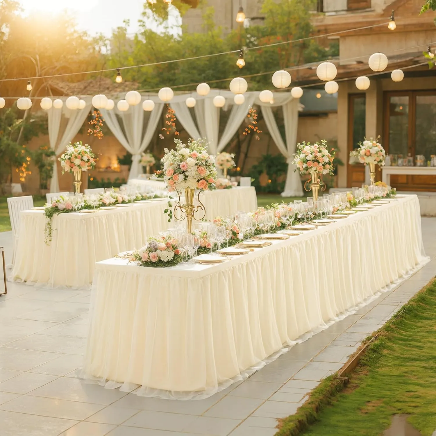 6ft Champagne Tulle Tablecloths for Rectangle Tables, 72 x 30 Inch Rectangular Table Cloth, Wrinkle Free Table Cover with Tutu Skirt for Wedding Birthday Party Banquet Buffet Cake Desk Decorations