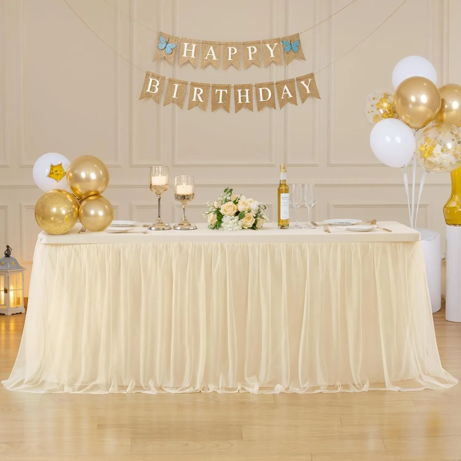 6ft Champagne Tulle Tablecloths for Rectangle Tables, 72 x 30 Inch Rectangular Table Cloth, Wrinkle Free Table Cover with Tutu Skirt for Wedding Birthday Party Banquet Buffet Cake Desk Decorations