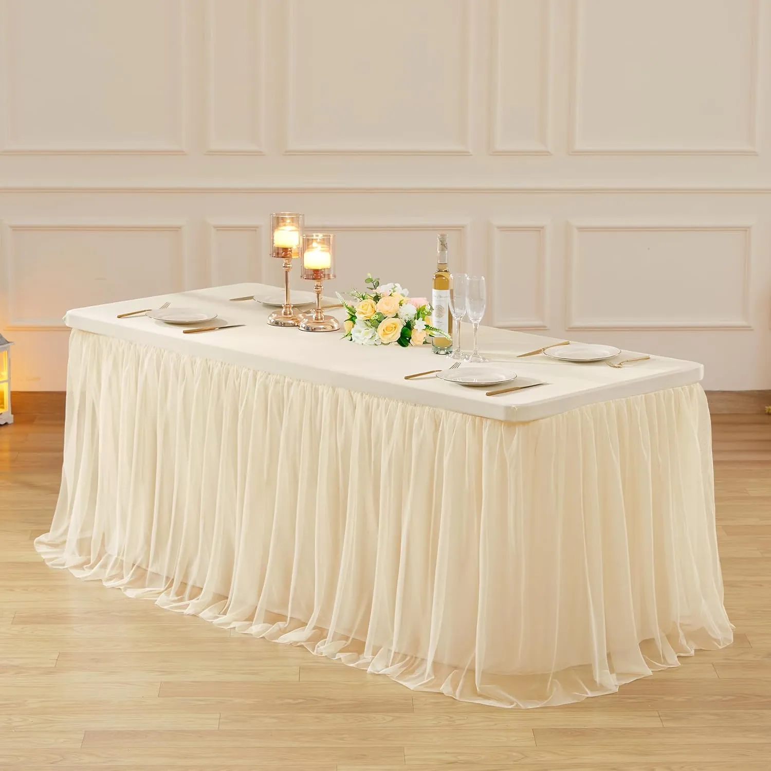 6ft Champagne Tulle Tablecloths for Rectangle Tables, 72 x 30 Inch Rectangular Table Cloth, Wrinkle Free Table Cover with Tutu Skirt for Wedding Birthday Party Banquet Buffet Cake Desk Decorations