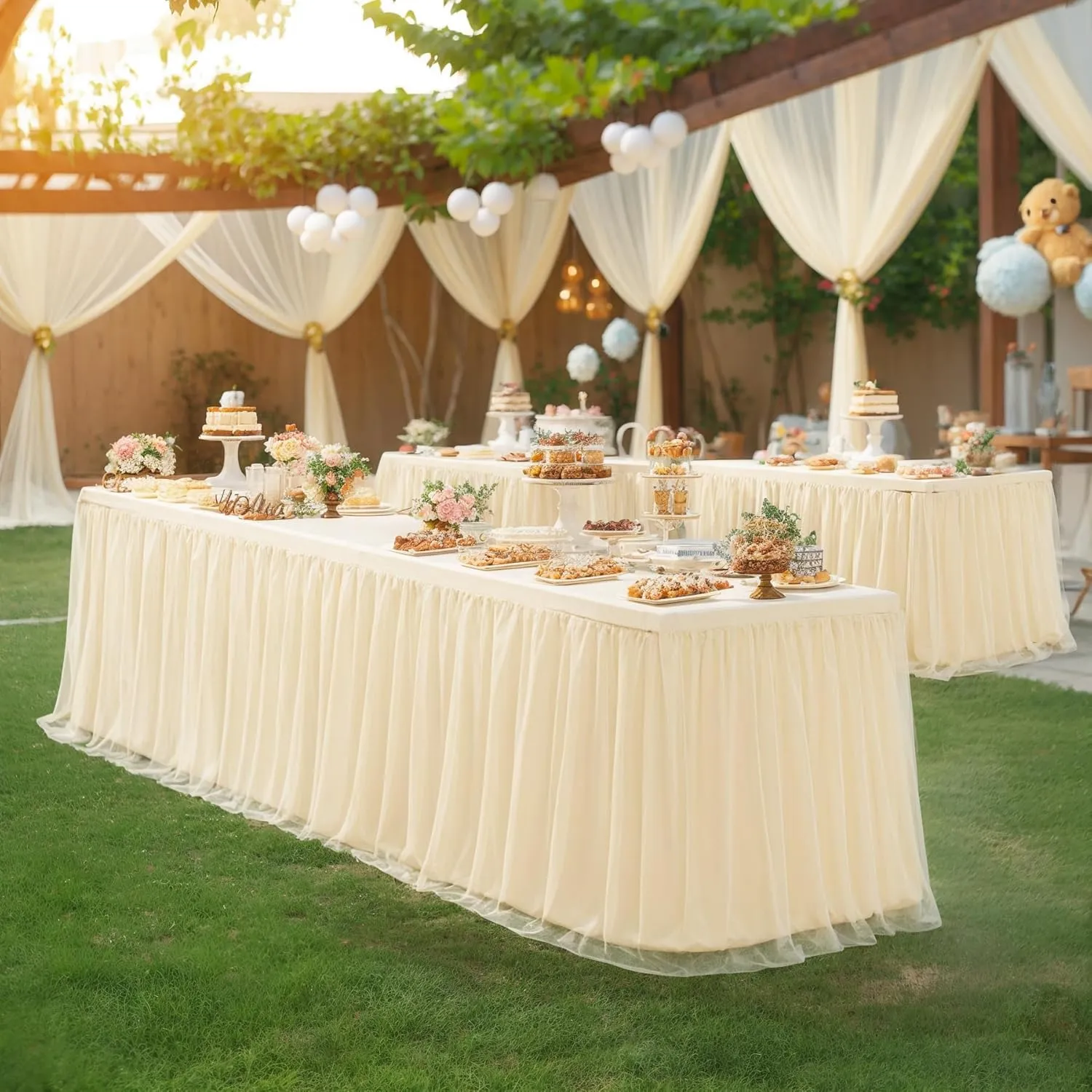 6ft Champagne Tulle Tablecloths for Rectangle Tables, 72 x 30 Inch Rectangular Table Cloth, Wrinkle Free Table Cover with Tutu Skirt for Wedding Birthday Party Banquet Buffet Cake Desk Decorations