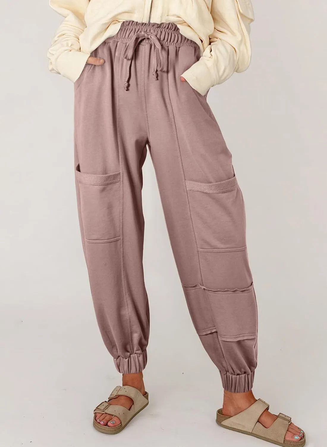 Aceitt Womens Baggy Cargo Pants Drawstring Elastic Waisted Workout Outdoor Hiking Jogger Pants with Pockets