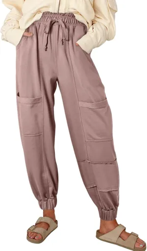 Aceitt Womens Baggy Cargo Pants Drawstring Elastic Waisted Workout Outdoor Hiking Jogger Pants with Pockets