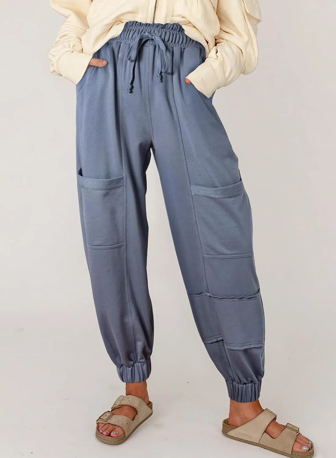 Aceitt Womens Baggy Cargo Pants Drawstring Elastic Waisted Workout Outdoor Hiking Jogger Pants with Pockets