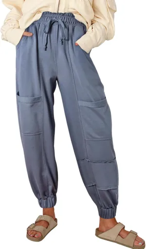 Aceitt Womens Baggy Cargo Pants Drawstring Elastic Waisted Workout Outdoor Hiking Jogger Pants with Pockets