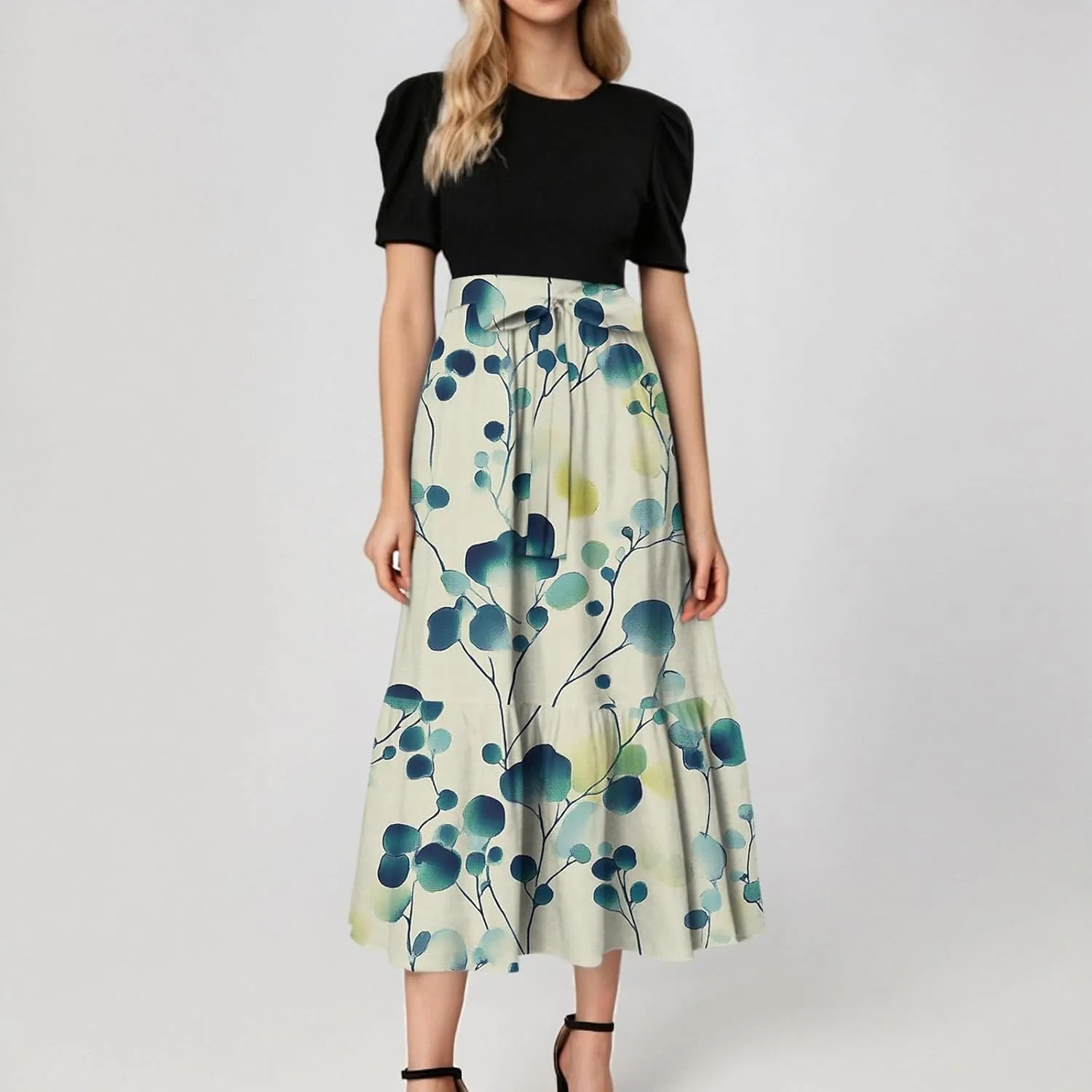 ADHOWBEW Dresses for Women 2025 O Neck Casual Sexy Vacation Beach Empire Waist Short Sleeve Party Dresses