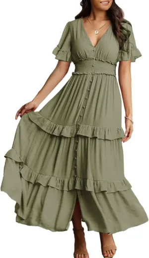Amegoya Women's V Neck Long Sleeve Boho Maxi Dress Summer Wedding Guest Long Flowy Engagement Dresses