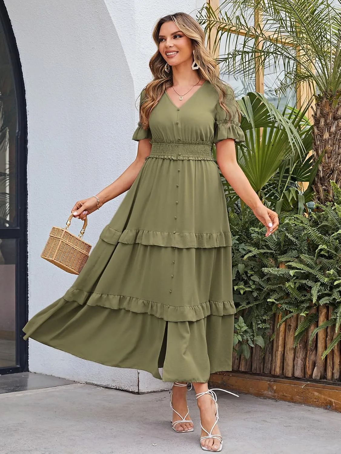 Amegoya Women's V Neck Long Sleeve Boho Maxi Dress Summer Wedding Guest Long Flowy Engagement Dresses