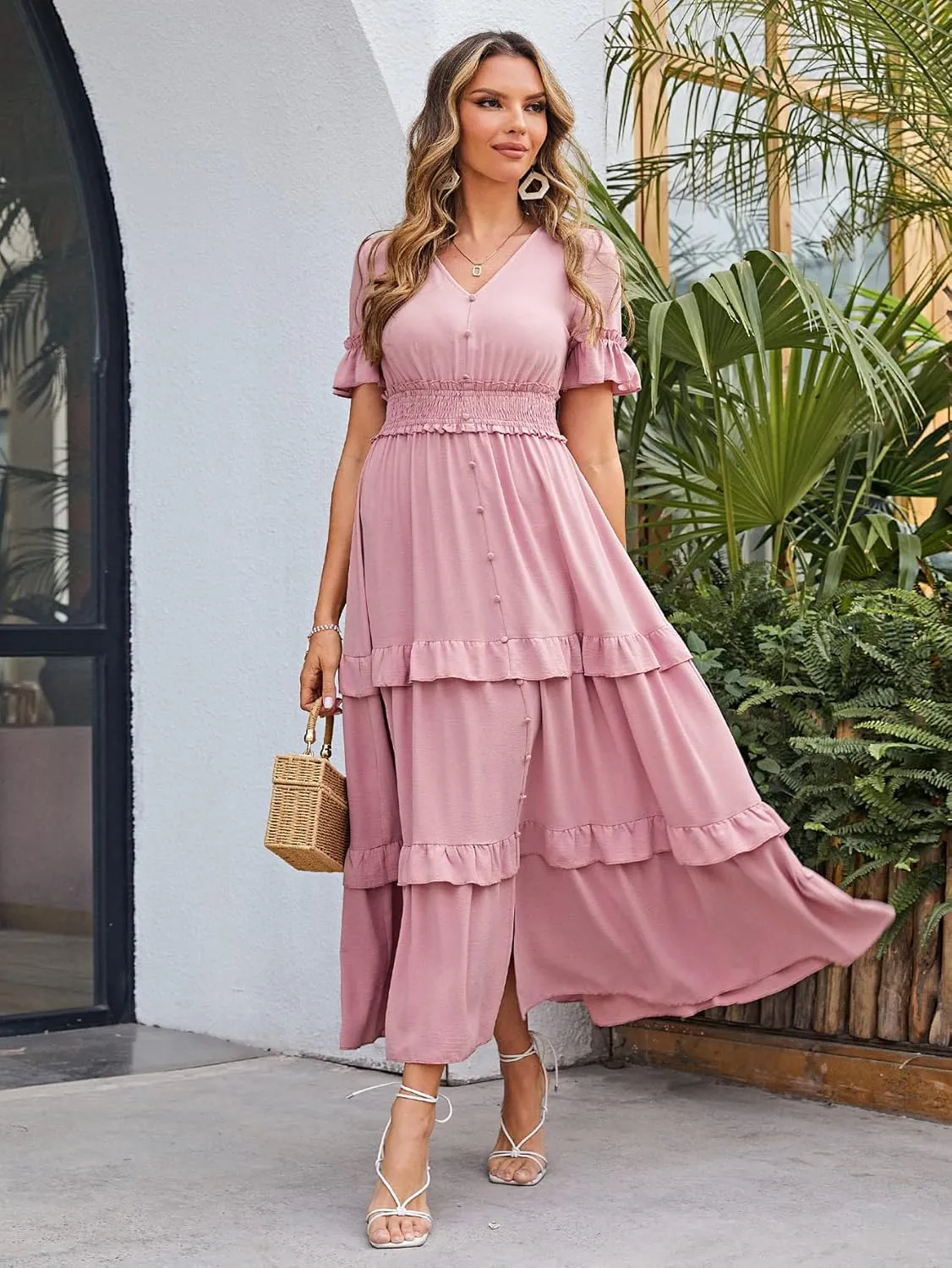 Amegoya Women's V Neck Long Sleeve Boho Maxi Dress Summer Wedding Guest Long Flowy Engagement Dresses