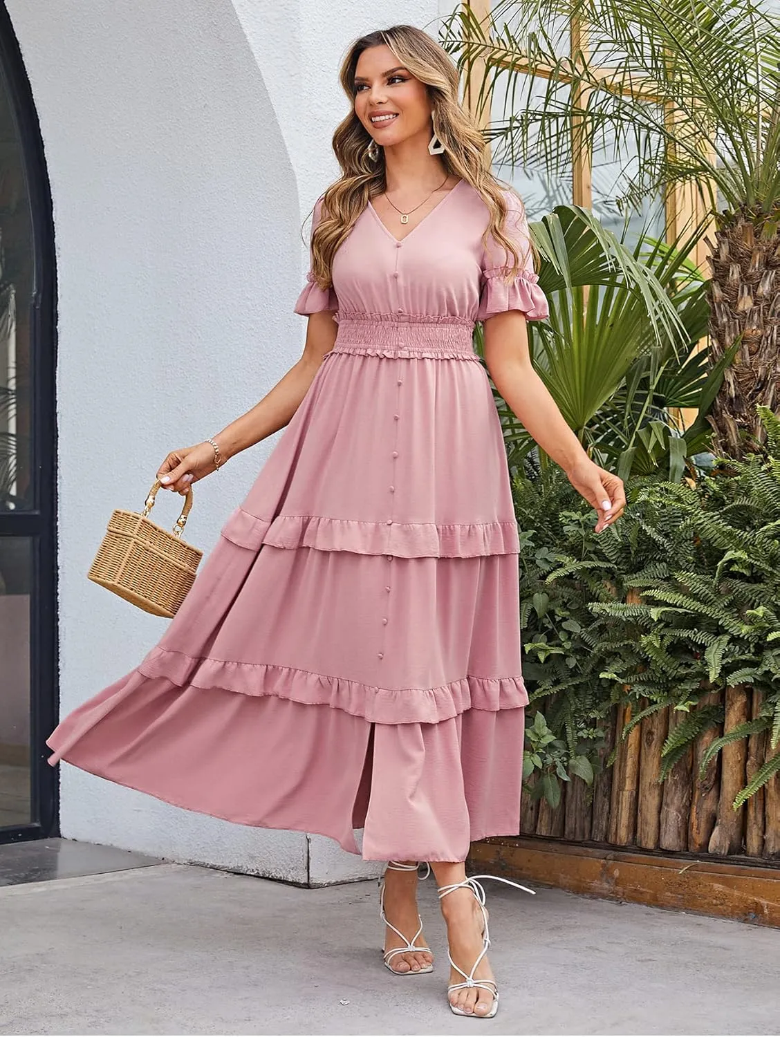 Amegoya Women's V Neck Long Sleeve Boho Maxi Dress Summer Wedding Guest Long Flowy Engagement Dresses