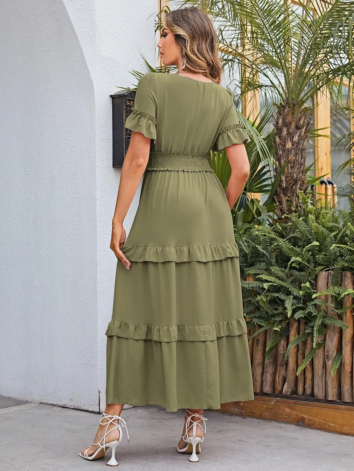 Amegoya Women's V Neck Long Sleeve Boho Maxi Dress Summer Wedding Guest Long Flowy Engagement Dresses