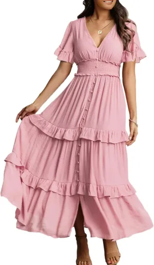 Amegoya Women's V Neck Long Sleeve Boho Maxi Dress Summer Wedding Guest Long Flowy Engagement Dresses