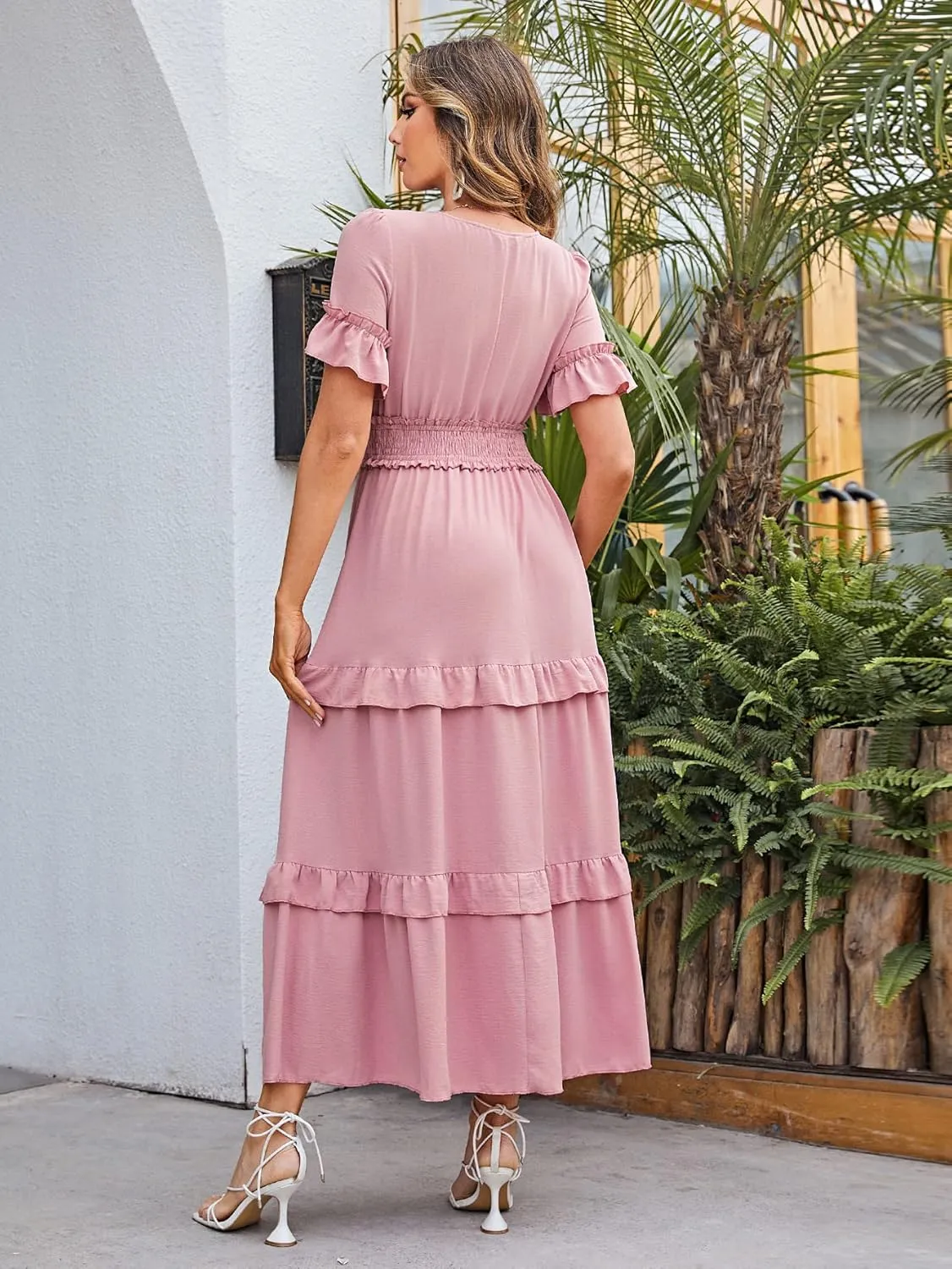 Amegoya Women's V Neck Long Sleeve Boho Maxi Dress Summer Wedding Guest Long Flowy Engagement Dresses