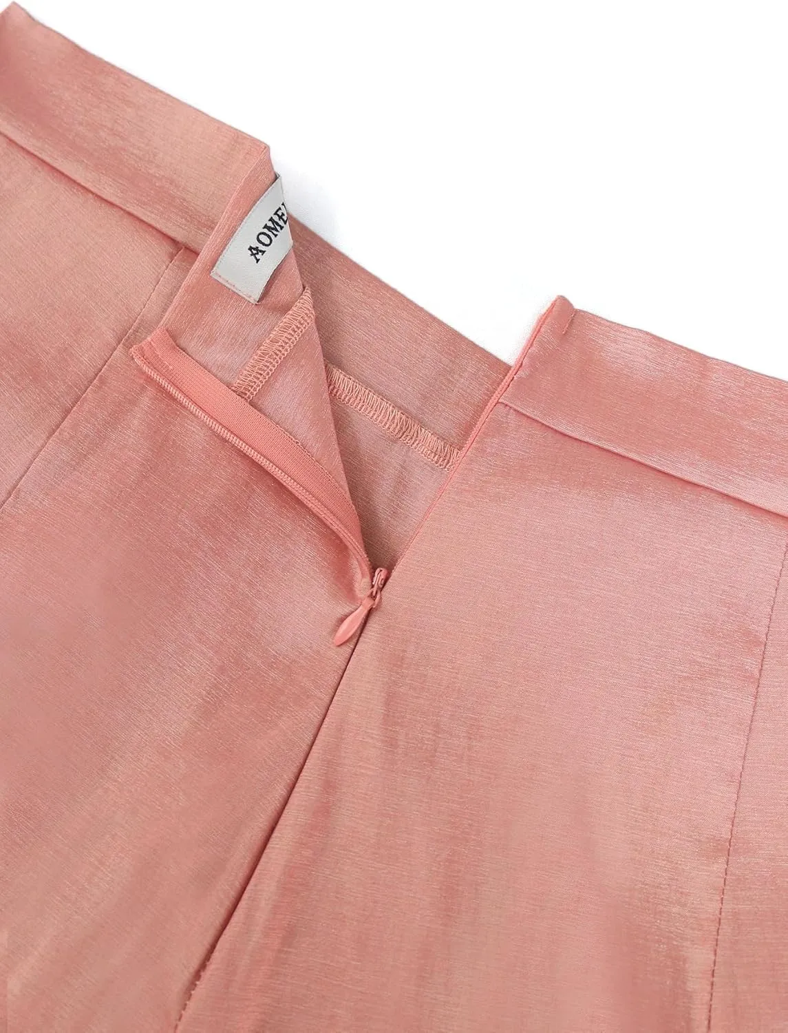 AOMEI Women's Pink Shiny High Waist Ruffled Trim Pants Straight Leg Bottoms Trousers