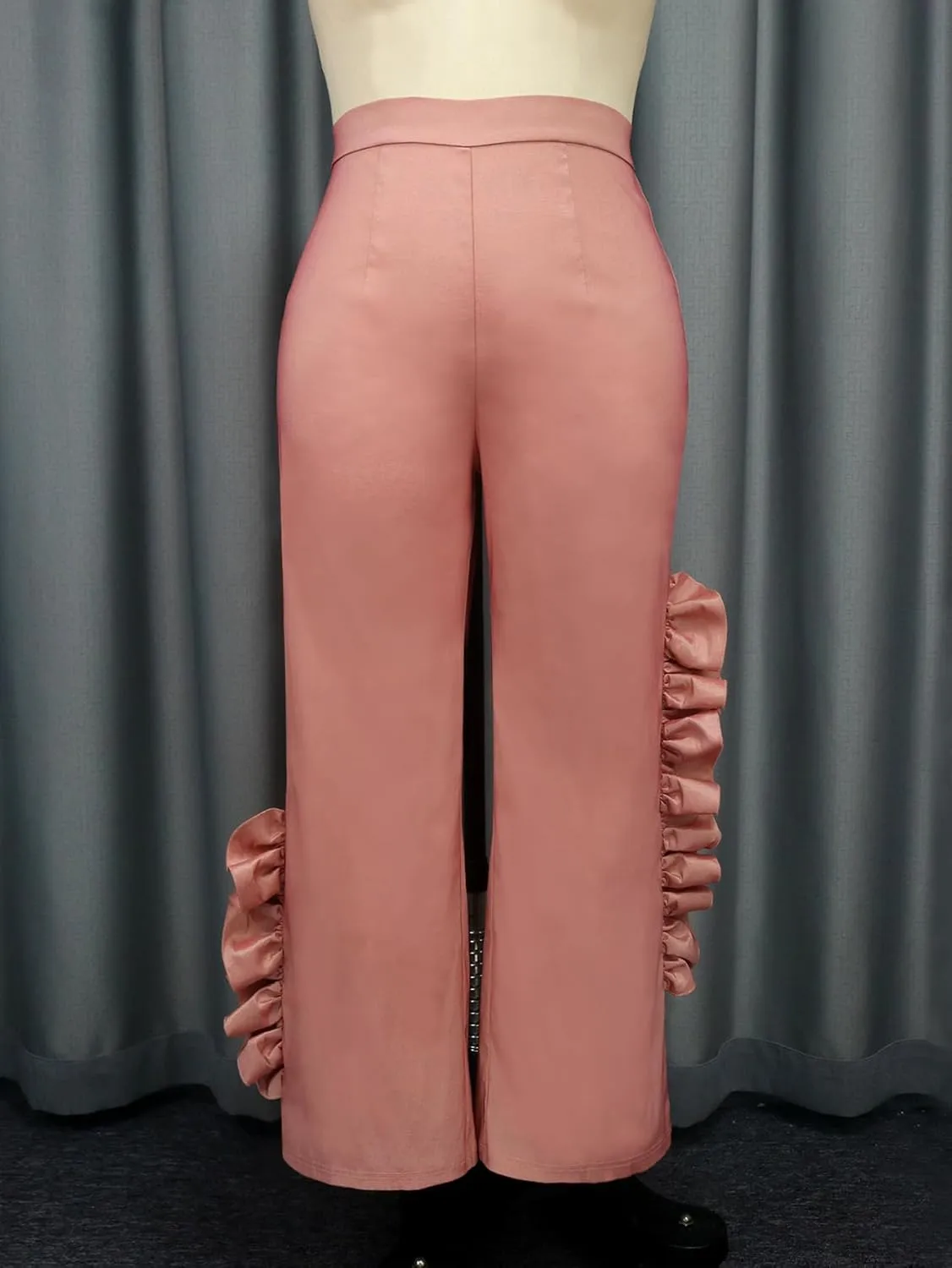 AOMEI Women's Pink Shiny High Waist Ruffled Trim Pants Straight Leg Bottoms Trousers