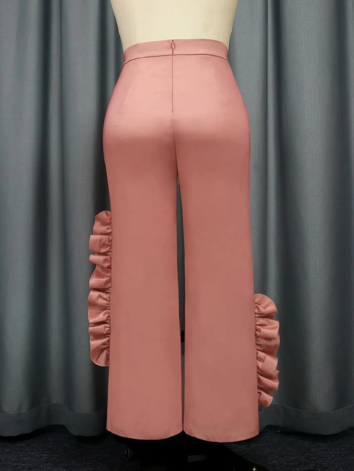AOMEI Women's Pink Shiny High Waist Ruffled Trim Pants Straight Leg Bottoms Trousers