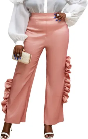 AOMEI Women's Pink Shiny High Waist Ruffled Trim Pants Straight Leg Bottoms Trousers