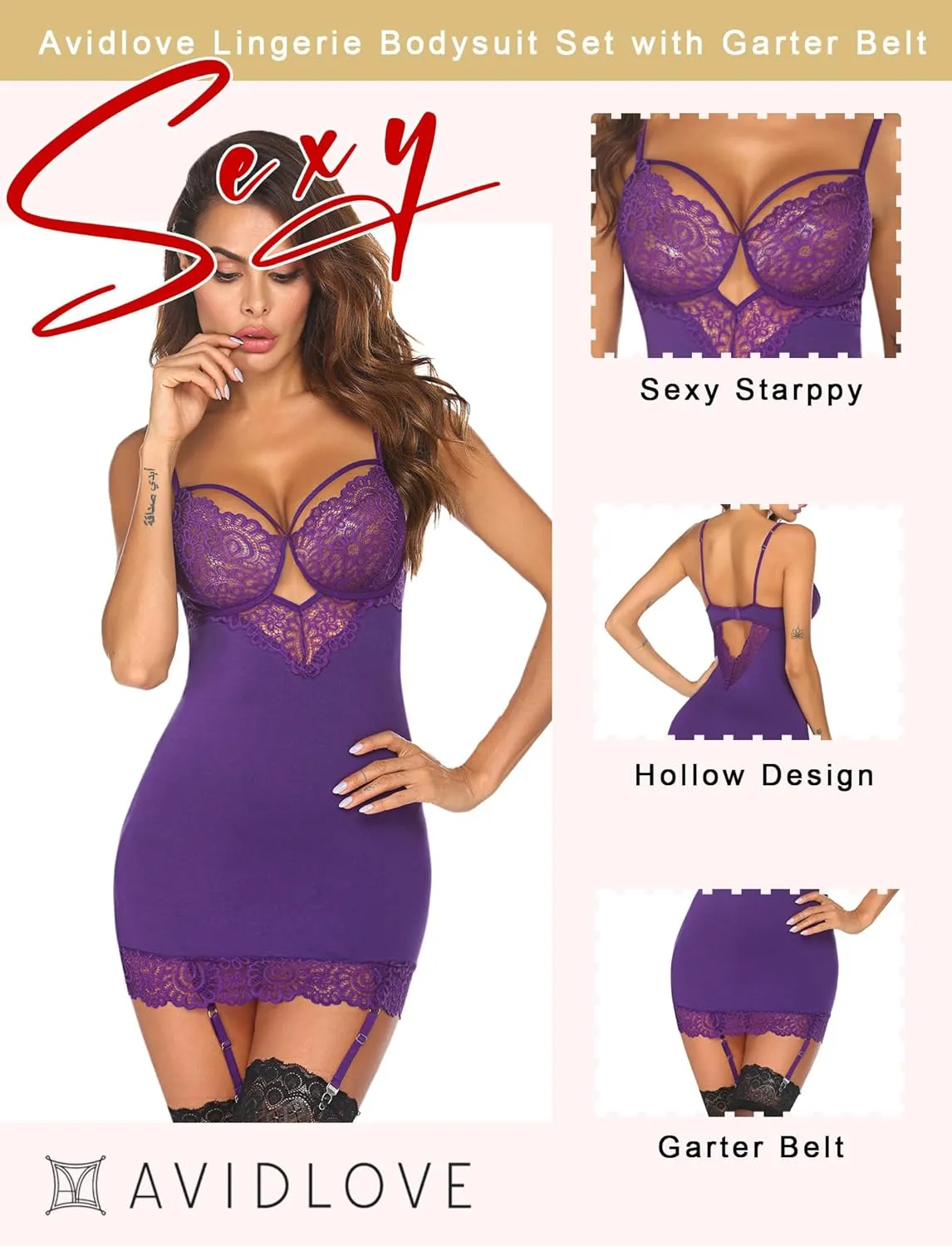 Avidlove Lingerie for Women Teddy Bodysuit with Garter Belt Lace Babydoll Full Slips No Stockings