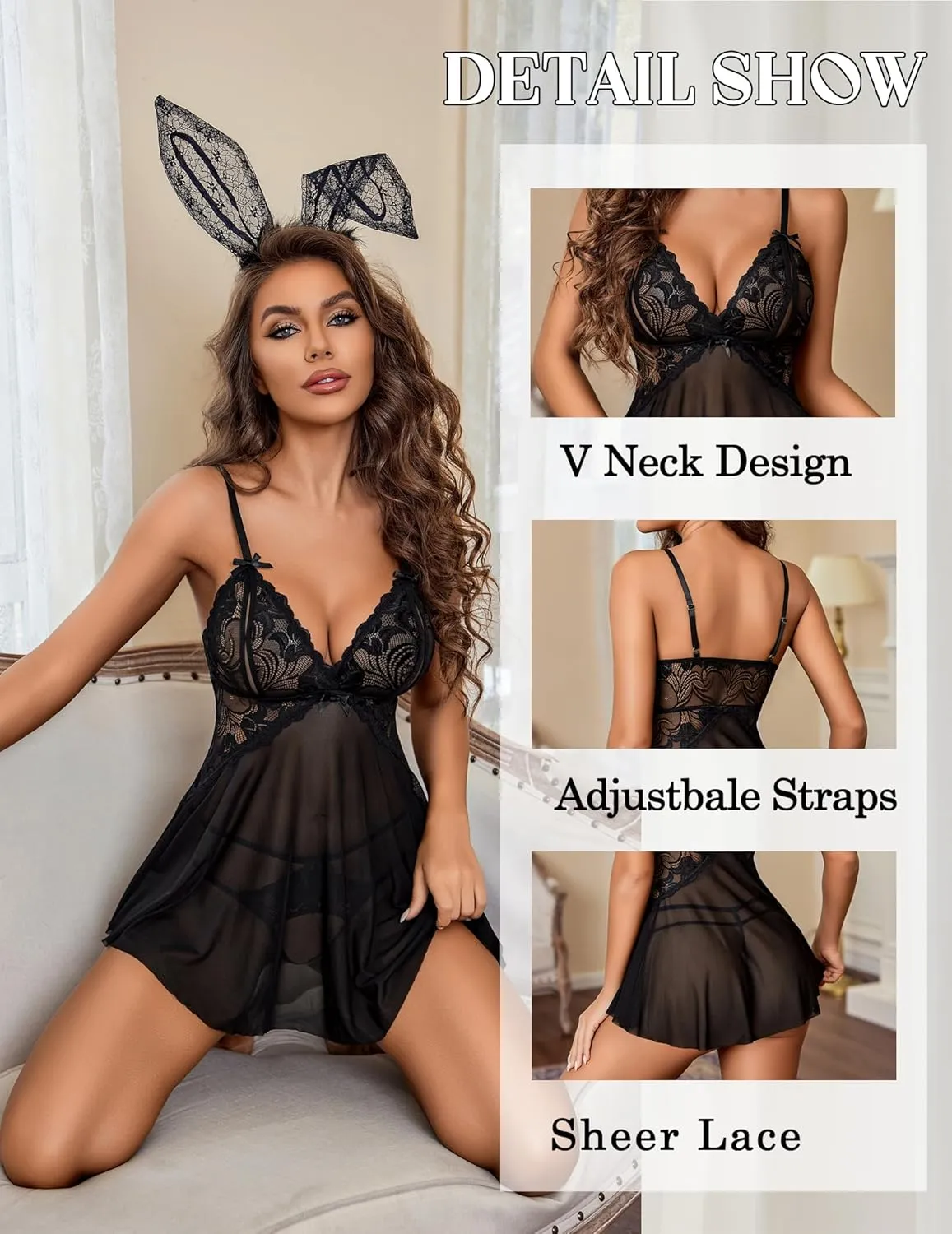 Avidlove Sexy Lingerie for Women Lace Babydoll Chemise V Neck Mesh Nightwear Boudoir Outfits