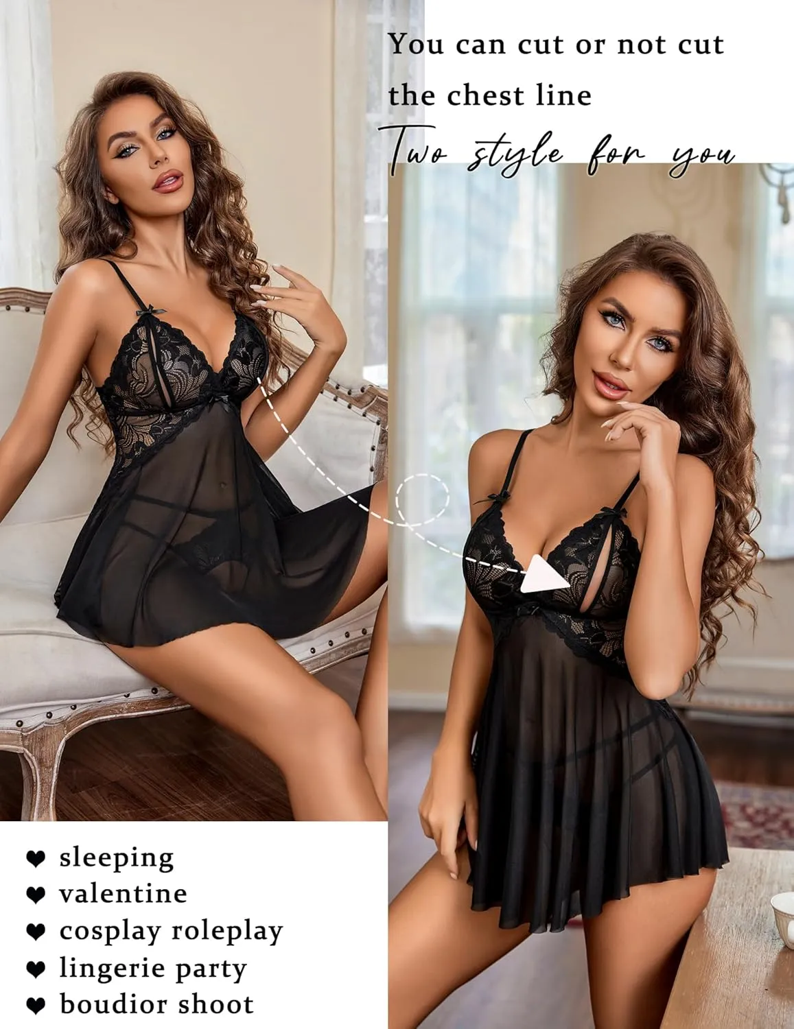 Avidlove Sexy Lingerie for Women Lace Babydoll Chemise V Neck Mesh Nightwear Boudoir Outfits